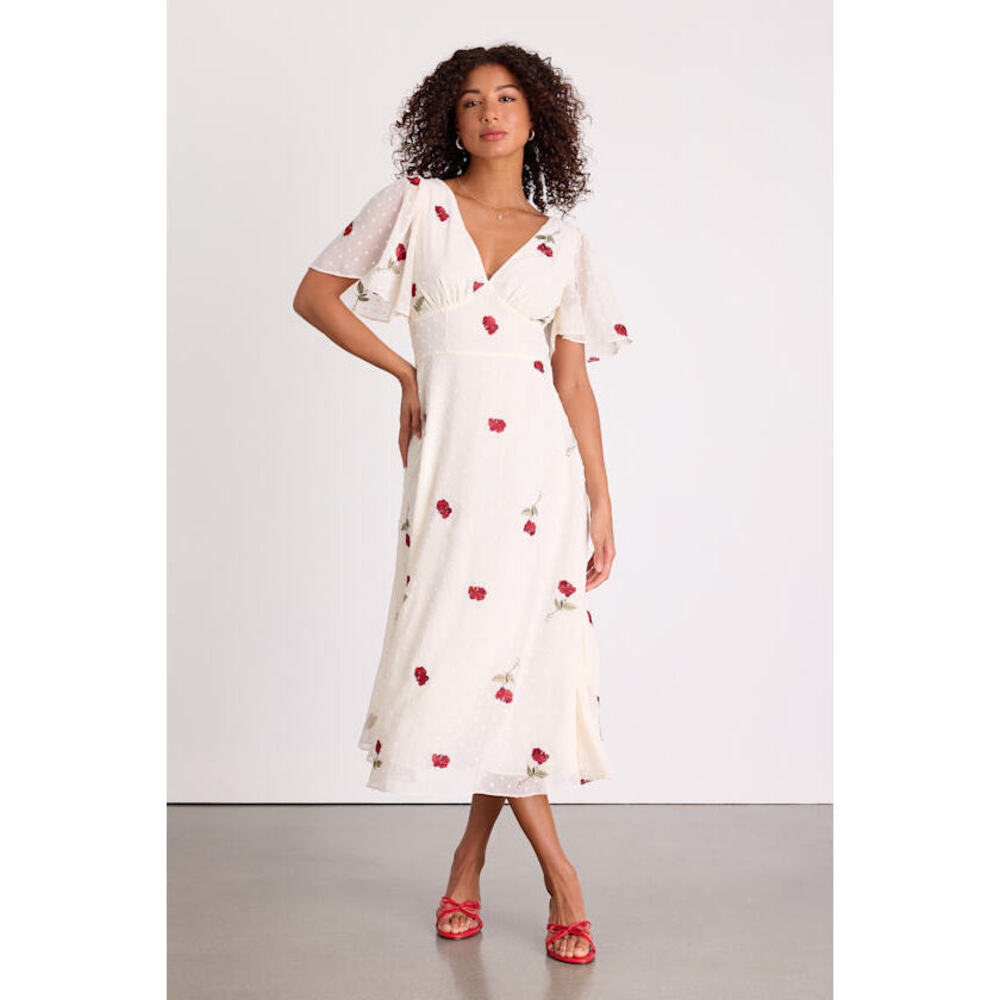 Lulus Jolina White Embroidered Swiss Dot Flutter Sleeve Midi Dress - Size S